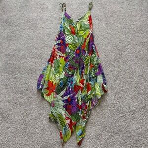 Anthropologie Handkerchief Hem Midi Dress Womens M/L Green Tropical Floral Beach